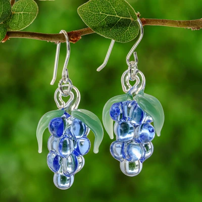 Handblown glass dangle earrings, 'Blue Grape Jelly' - Bunch of Blue Grapes-Shaped Handblown Glass Dangle Earrings