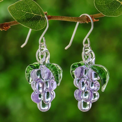 Handblown glass dangle earrings, 'Purple Grape Jelly' - Bunch of Grapes-Themed Handblown Glass Dangle Earrings