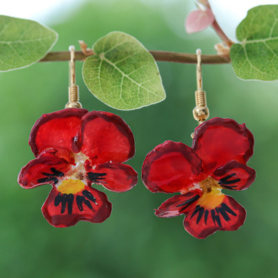 Natural flower dangle earrings, 'Blazing Blossom' - Gold-Accented Romantic Red Pansy Flower Dangle Earrings