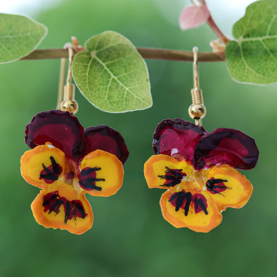 Natural flower dangle earrings, 'Regal Blossom' - Artisan-Made Burgundy and Yellow Pansy Bloom Dangle Earrings