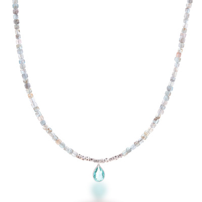 Green quartz and apatite choker pendant necklace, 'Aqua World' - Natural Apatite and Green Quartz Beaded Pendant Necklace