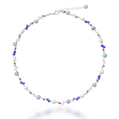 Cultured pearl and glass beaded necklace, 'Sky Berries' - Natural White Cultured Pearl and Blue Glass Beaded Necklace