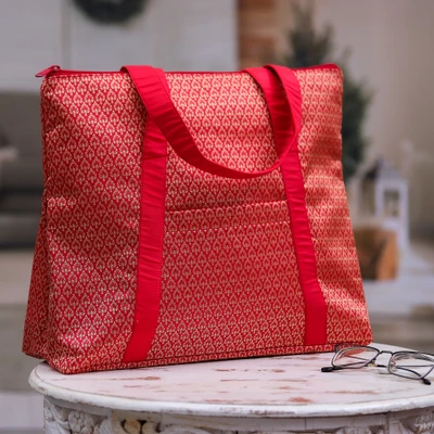 Tote bag, 'Red Heritage Flame' - Red Tote Travel Bag with Thai Lanna-Style Golden-Hued Motifs