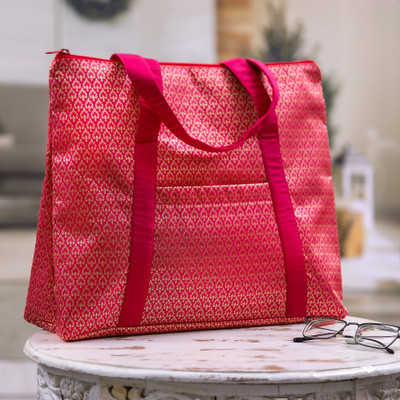 Tote bag, 'Pink Heritage Flame' - Woven Tote Bag in Pink and Gold with Thai Lanna-Style Motifs