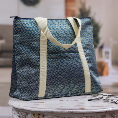 Tote bag, 'Teal Heritage Flame' - Teal Tote and Travel Bag with Thai Lanna-Style Patterns