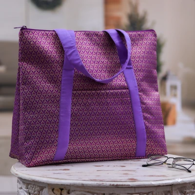 Tote bag, 'Purple Heritage Flame' - Traditional Thai Lanna-Style Woven Tote Bag in Purple Shades