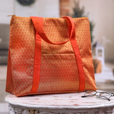 Tote bag, 'Orange Heritage Flame' - Orange Gold Tote and Travel Bag with Thai Lanna Accents
