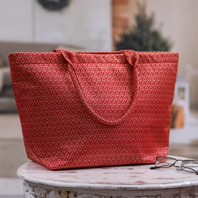 Tote bag, 'Red Siam Elegance' - Handcrafted Red Gold Thai Folk Art Lanna Style Tote Bag