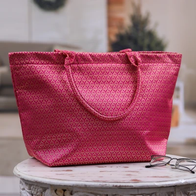 Tote bag, 'Pink Siam Elegance' - Pink Golden-Hued Lanna-Style Tote Bag with Padded Handles