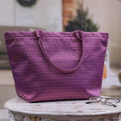 Tote bag, 'Purple Siam Elegance' - Thai Lanna Style Handcrafted Tote Bag with Purple Palette