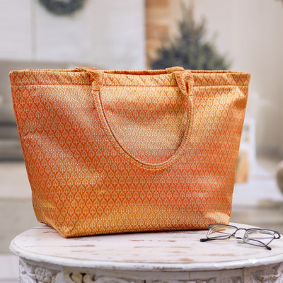 Tote bag, 'Orange Siam Elegance' - Lanna-Style Tote Bag with Padded Handles in Orange Shade