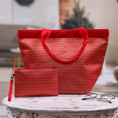 Tote bag and wristlet set, 'Red Lanna Treasure' (2 pieces) - Red Thai Lanna-Style Tote Bag and Wristlet 2-Piece Set