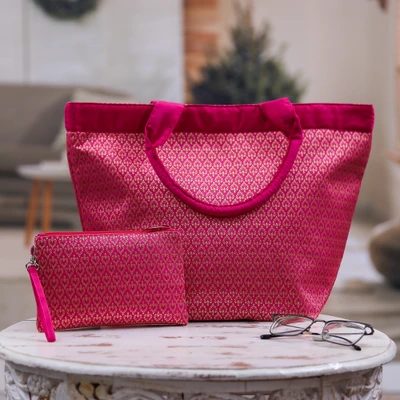Tote bag and wristlet set, 'Pink Lanna Treasure' (2 pieces) - Pink Lanna Style 2-Piece Tote and Wristlet Cosmetic Bag Set