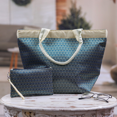 Tote bag and wristlet set, 'Teal Lanna Treasure' (2 pieces) - Teal Ivory Lanna Style Tote and Cosmetic Bag 2-Piece Set