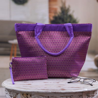 Tote bag and wristlet set, 'Purple Lanna Treasure' (2 pieces) - 2-Piece Lanna Style Tote Bag and Wristlet Set in Purple Hues