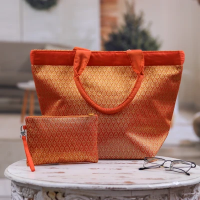 Tote bag and wristlet set, 'Orange Lanna Treasure' (2 pieces) - Orange-Hued Lanna-Style 2-Piece Tote Bag and Wristlet Set