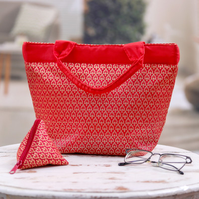 Tote bag and coin purse set, 'Red Thai Splendor' (2 pieces) - Red Lanna Style Tote Bag and Triangle Pouch 2-Piece Set