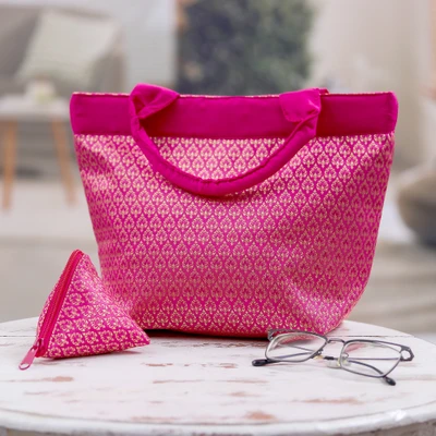 Tote bag and coin purse set, 'Pink Thai Splendor' (2 pieces) - Pink Handcrafted Lanna-Style Tote Bag Coin Purse 2-Piece Set