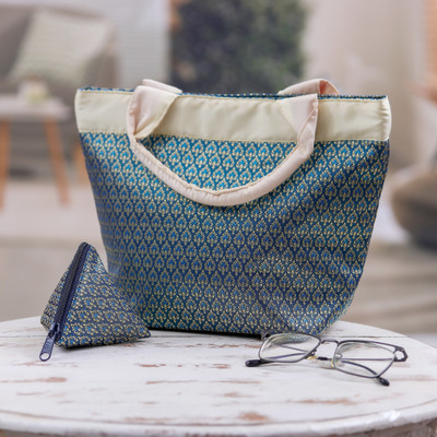 Tote bag and coin purse set, 'Teal Thai Splendor' (2 pieces) - 2-Piece Lanna-Style Tote Bag and Triangular Coin Purse Set