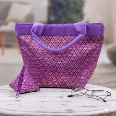 Tote bag and coin purse set, 'Purple Thai Splendor' (2 pieces) - Woven Lanna Style 2-Piece Tote and Coin Bag Set in Purple