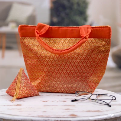 Tote bag and coin purse set, 'Orange Thai Splendor' (2 pieces) - 2-Piece Set of Lanna Style Tote Bag and Matching Coin Purse