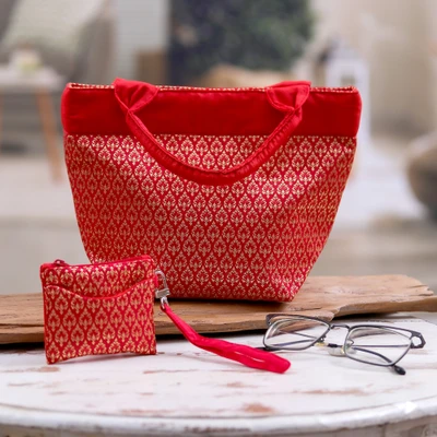 Tote bag and wristlet set, 'Red and Golden Charm' (2 pieces) - 2-Piece Red Tote Bag Wristlet Set with Lanna Style Design