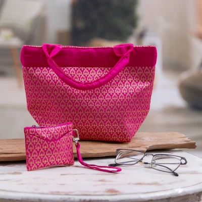 Tote bag and wristlet set, 'Pink and Golden Charm' (2 pieces) - Woven Pink Lanna Style Tote Bag and Wristlet 2-Piece Set