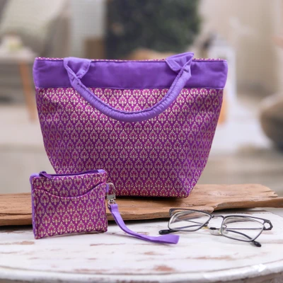 Tote bag and wristlet set, 'Purple and Golden Charm' (2 pieces) - 2-Piece Tote Bag and Wristlet Set with Lanna Style Motifs