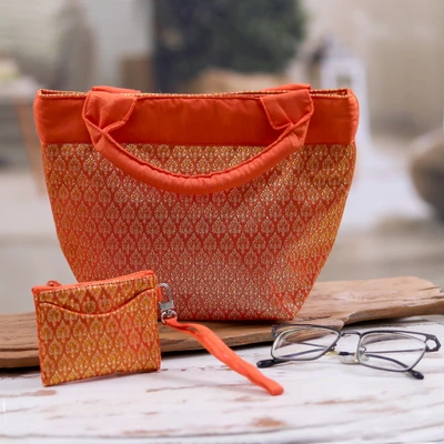 Tote bag and wristlet set, 'Orange and Golden Charm' (2 pieces) - Lanna Style-Patterned Orange Tote Bag Wristlet 2-Piece Set