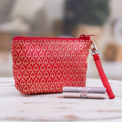 Cosmetic bag, 'Lanna of Love' - Lanna-Patterned Zippered Cosmetic Bag with a Red Palette