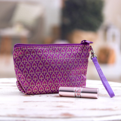 Cosmetic bag, 'Lanna of Liaison' - Thai-Made Lanna-Patterned Zippered Cosmetic Bag in Purple