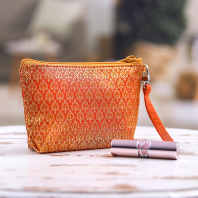 Cosmetic bag, 'Lanna of Leisure' - Cosmetic Bag with Zipper and Removable Strap in Orange Hues