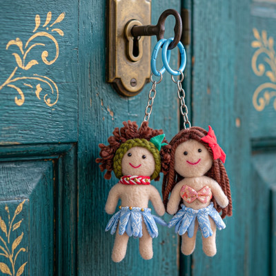 Handmade keychains, 'Lagoon Tale' (set of 2) - Tropical-Themed 2-Piece Doll Keychain Set in Sky Blue Hues