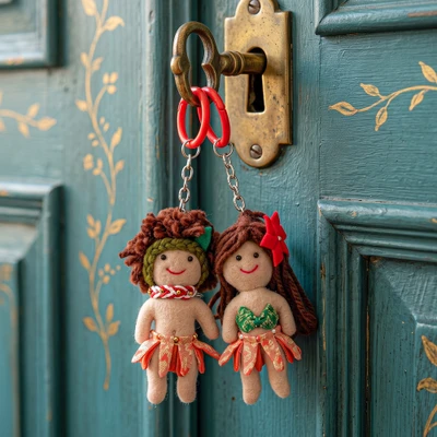 Handmade keychains, 'Summer Tale' (set of 2) - Handmade 2-Piece Tropical Doll Keychain Set in Orange Hues