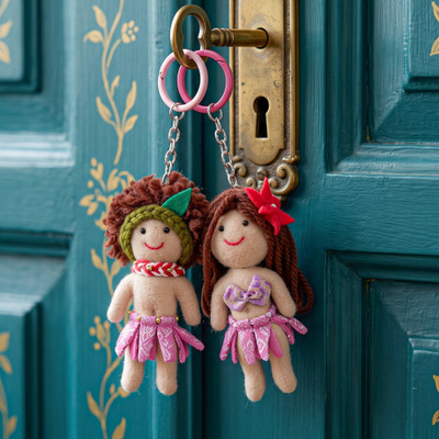 Handmade keychains, 'Reef Tale' (set of 2) - Artisan-Made 2-Piece Tropical Doll Keychain Set in Pink Hues