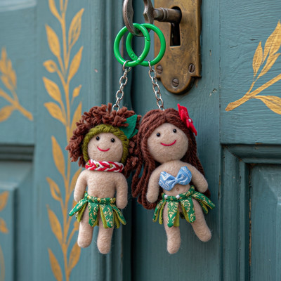 Handmade keychains, 'Island Tale' (set of 2) - Set of 2 Green-Palette Tropical Doll Keychains Made by Hand