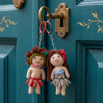 Handmade keychains, 'Bonfire Tale' (set of 2) - Thai-Made Whimsical 2-Piece Red & Grey Doll Keychain Set