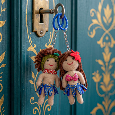 Handmade keychains, 'Oceanic Tale' (set of 2) - 2-Piece Deep Blue Tropical Doll Keychain Set from Thailand