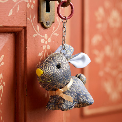 Handmade keychain, 'Misty Hopper' - Whimsical Lanna-Patterned Grey Bunny Keychain Made by Hand