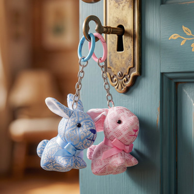 Handmade keychains, 'Pastel Hops' (set of 2) - Pastel Blue & Pink 2-Piece Bunny Keychain Set with Ribbons