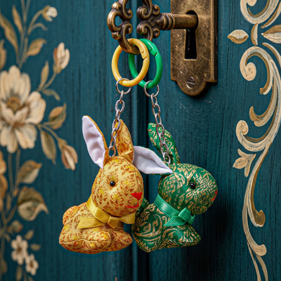 Handmade keychains, 'Spring Hops' (set of 2) - Golden Yellow & Emerald Green 2-Piece Bunny Keychain Set