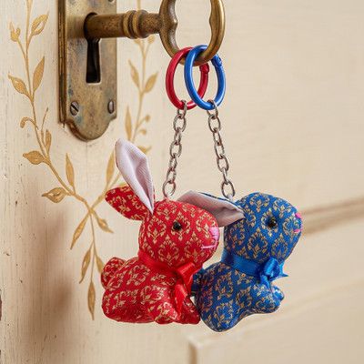 Handmade keychains, 'Double Hops' (set of 2) - Set of 2 Red & Blue Bunny Keychains with Lanna Patterns