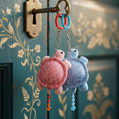 Handmade keychains, 'Shelly Sweetness' (set of 2) - Sea Life-Themed 2-Piece Pink & Blue Turtle Keychain Set