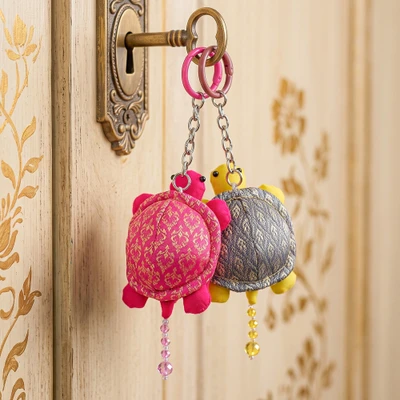 Handmade keychains, 'Shelly Whim' (set of 2) - Handcrafted 2-Piece Turtle Keychain Set in Fuchsia and Grey