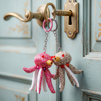 Handmade keychains, 'Octopus Mood' (set of 2) - 2-Piece Octopus-Themed Keychain Set in Fuchsia and Grey Hues
