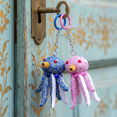 Handmade keychains, 'Octopus Friendship' (set of 2) - Sea Life-Themed 2-Piece Blue & Pink Octopus Keychain Set