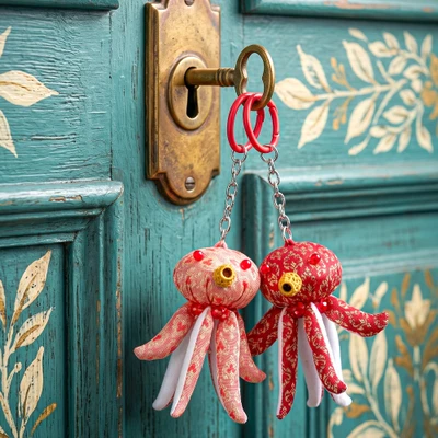 Handmade keychains, 'Octopus Flames' (set of 2) - Fire-Palette 2-Piece Octopus Keychain Set Crafted by Hand
