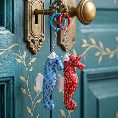 Handmade keychains, 'Seahorse Alliance' (set of 2) - Searhorse-Themed 2-Piece Blue & Red Handmade Keychain Set