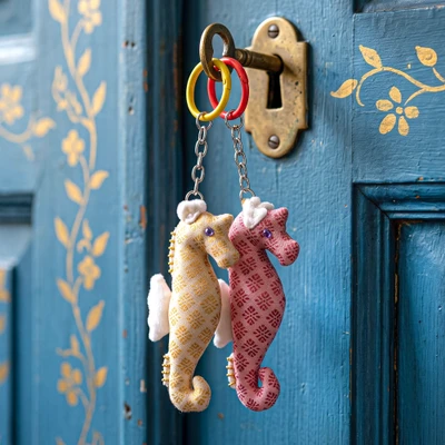 Handmade keychains, 'Seahorse Glee' (set of 2) - Handcrafted Set of 2 Seahorse Keychains in Yellow and Pink