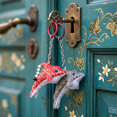 Handmade keychains, 'Fiery Fins' (set of 2) - Red & Grey Dolphin-Shaped 2-Piece Keychain Set Made by Hand